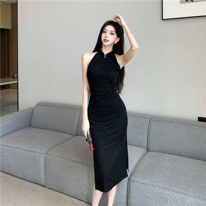 Minimalist Black Round Neck Midi Dress Alluring Everyday Outfit Side Slit Halter Long Dress AP1672