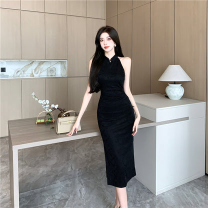 Minimalist Black Round Neck Midi Dress Alluring Everyday Outfit Side Slit Halter Long Dress AP1672