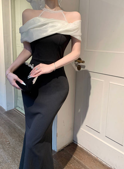 Modern White Mesh-Trimmed Sheath Maxi Dress Elegant Black Off-Shoulder Mermaid Evening Feast Halter Long Dress AP1674