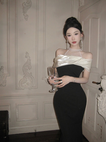 Modern White Mesh-Trimmed Sheath Maxi Dress Elegant Black Off-Shoulder Mermaid Evening Feast Halter Long Dress AP1674