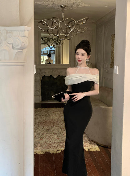 Modern White Mesh-Trimmed Sheath Maxi Dress Elegant Black Off-Shoulder Mermaid Evening Feast Halter Long Dress AP1674