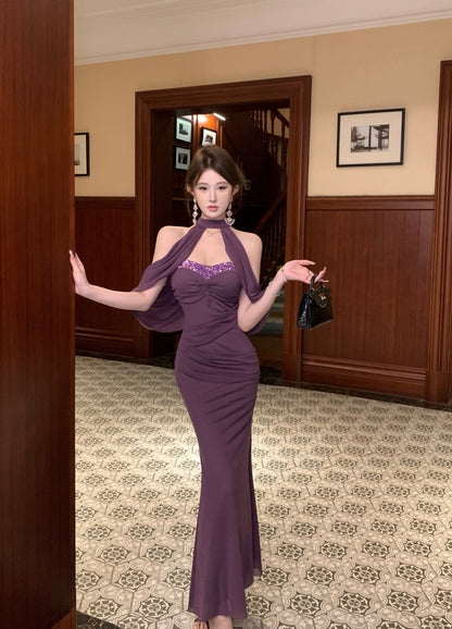 Elegant Cape-Style Sparkling Sequin Trimmed Maxi Dress Hot Girls Evening Purple Mermaid  Halter Long Dress AP1675