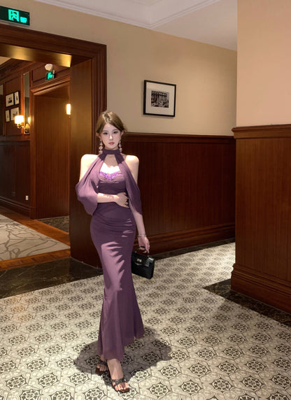 Elegant Cape-Style Sparkling Sequin Trimmed Maxi Dress Hot Girls Evening Purple Mermaid  Halter Long Dress AP1675