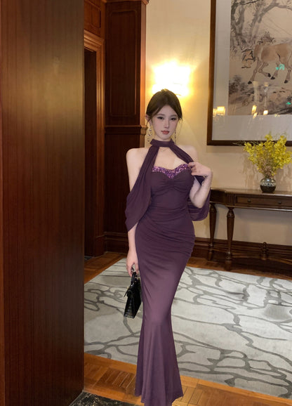 Elegant Cape-Style Sparkling Sequin Trimmed Maxi Dress Hot Girls Evening Purple Mermaid  Halter Long Dress AP1675