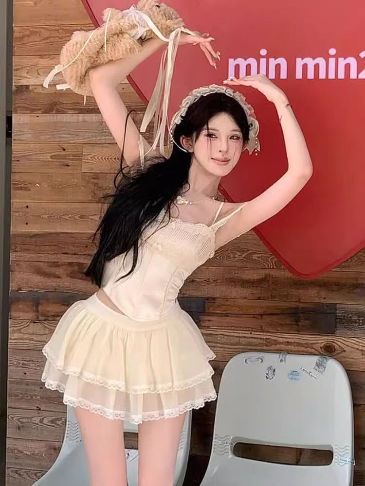 Chic Two-Piece Set Princess Beige Lace Mini Skirt Cute Girls Spaghetti Strap Tiered Tulle Short Dress AP1676