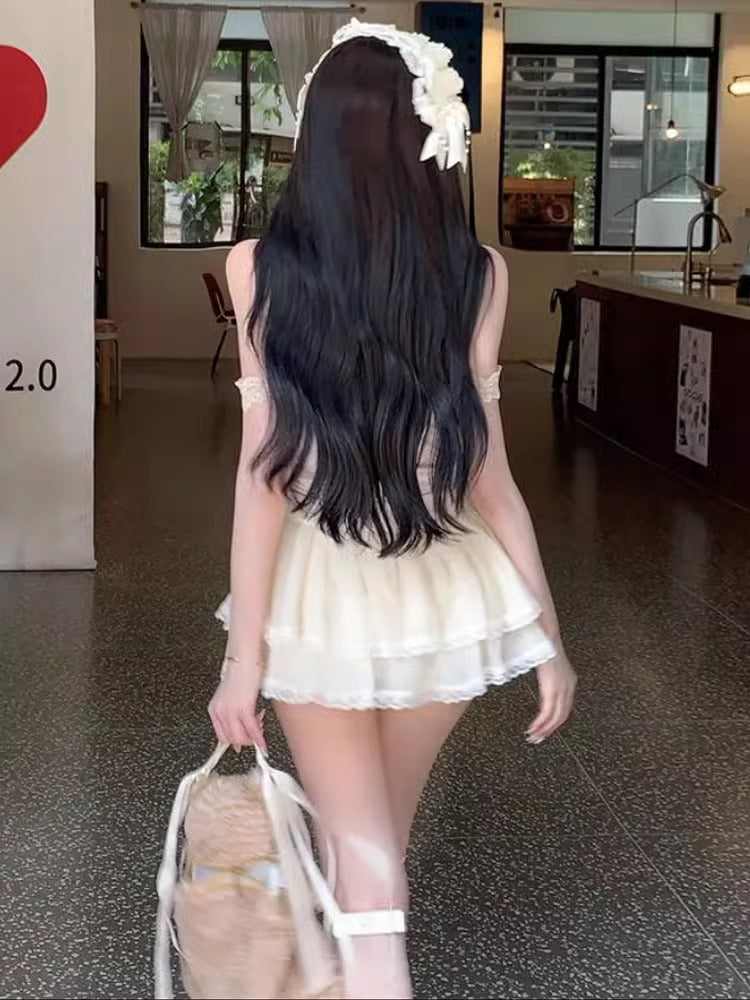 Chic Two-Piece Set Princess Beige Lace Mini Skirt Cute Girls Spaghetti Strap Tiered Tulle Short Dress AP1676