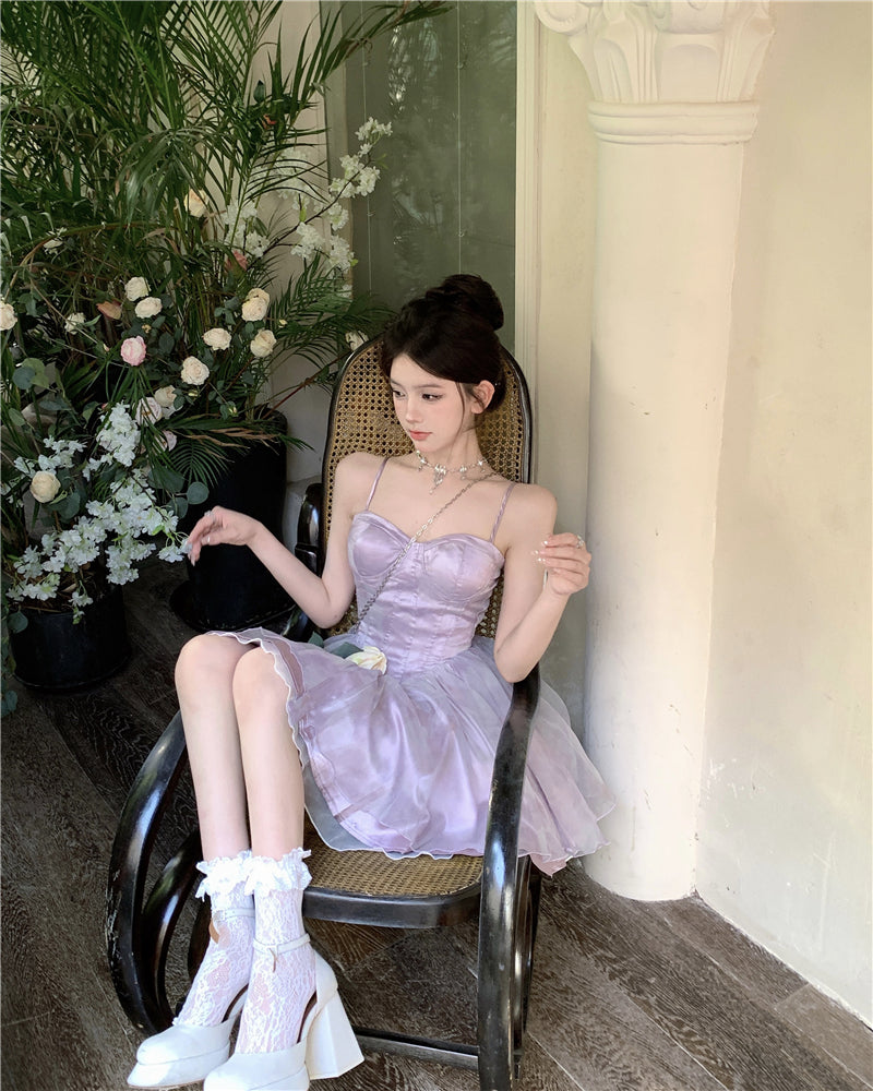 Dreamy Princess Pale Purple A-Line Mini Skirt Elegant Spaghetti Strap Tiered Tulle Tie-Dye Cinched-Waist Short Dress AP1677