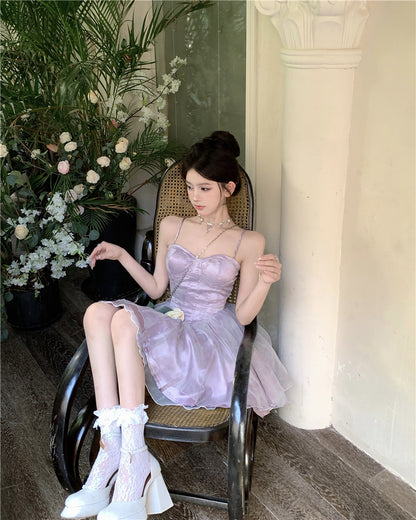 Dreamy Princess Pale Purple A-Line Mini Skirt Elegant Spaghetti Strap Tiered Tulle Tie-Dye Cinched-Waist Short Dress AP1677