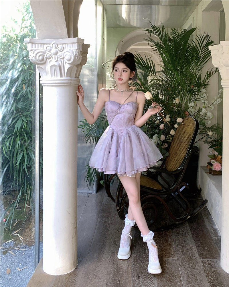 Dreamy Princess Pale Purple A-Line Mini Skirt Elegant Spaghetti Strap Tiered Tulle Tie-Dye Cinched-Waist Short Dress AP1677