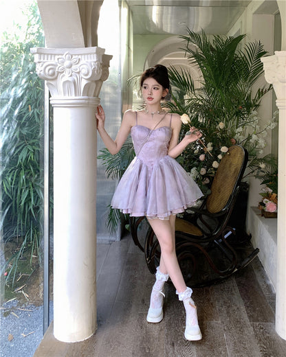 Dreamy Princess Pale Purple A-Line Mini Skirt Elegant Spaghetti Strap Tiered Tulle Tie-Dye Cinched-Waist Short Dress AP1677