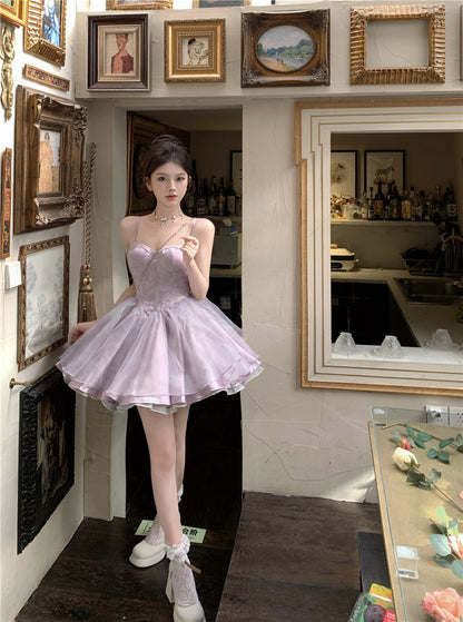 Dreamy Princess Pale Purple A-Line Mini Skirt Elegant Spaghetti Strap Tiered Tulle Tie-Dye Cinched-Waist Short Dress AP1677