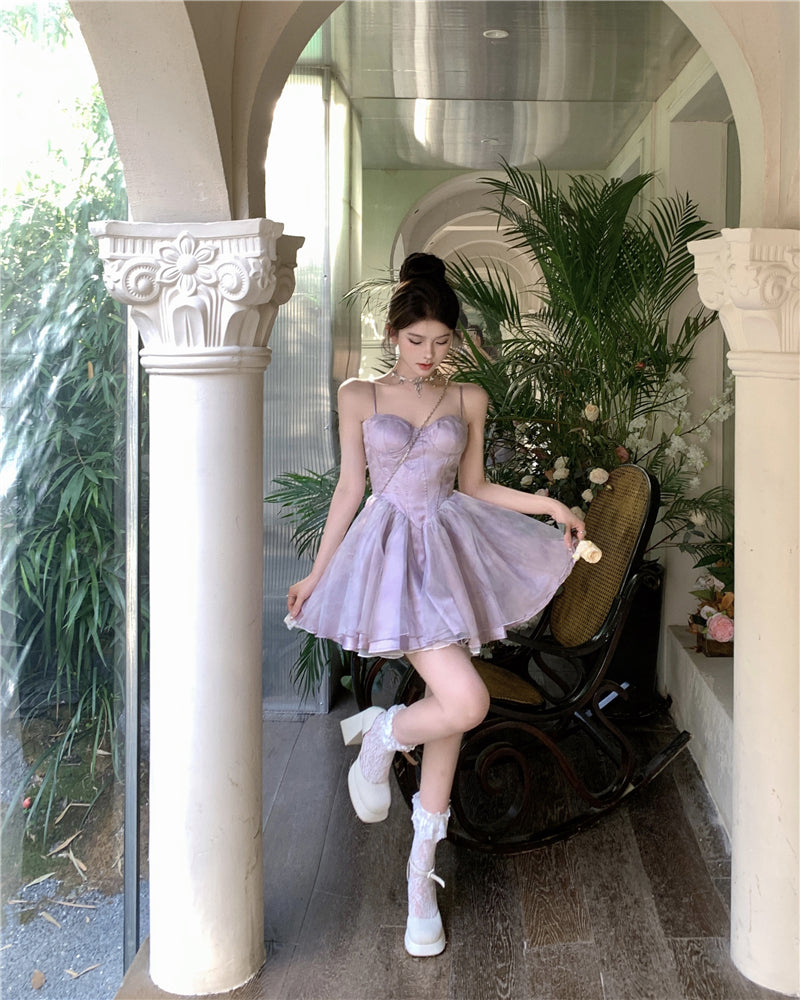 Dreamy Princess Pale Purple A-Line Mini Skirt Elegant Spaghetti Strap Tiered Tulle Tie-Dye Cinched-Waist Short Dress AP1677