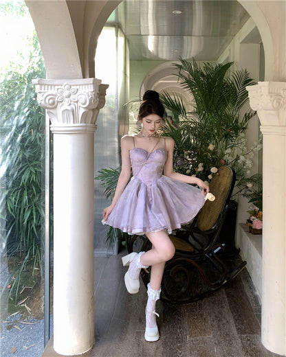 Dreamy Princess Pale Purple A-Line Mini Skirt Elegant Spaghetti Strap Tiered Tulle Tie-Dye Cinched-Waist Short Dress AP1677