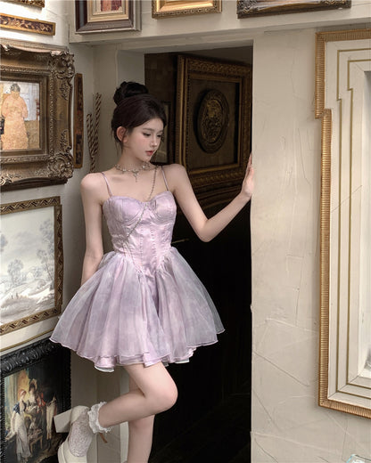 Dreamy Princess Pale Purple A-Line Mini Skirt Elegant Spaghetti Strap Tiered Tulle Tie-Dye Cinched-Waist Short Dress AP1677