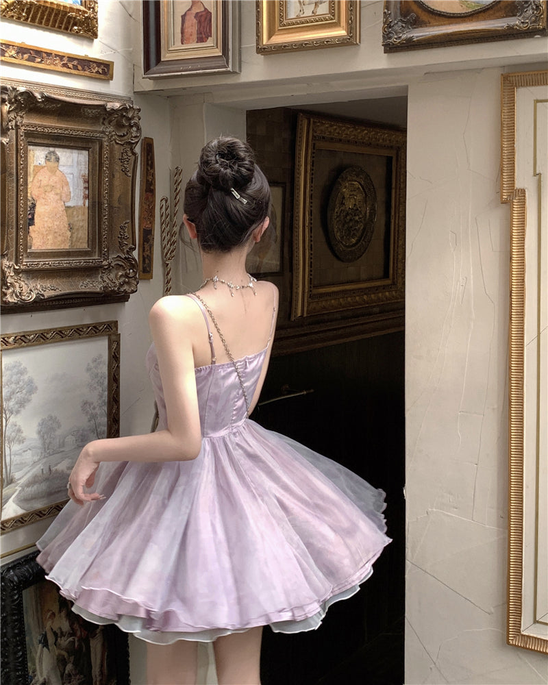 Dreamy Princess Pale Purple A-Line Mini Skirt Elegant Spaghetti Strap Tiered Tulle Tie-Dye Cinched-Waist Short Dress AP1677