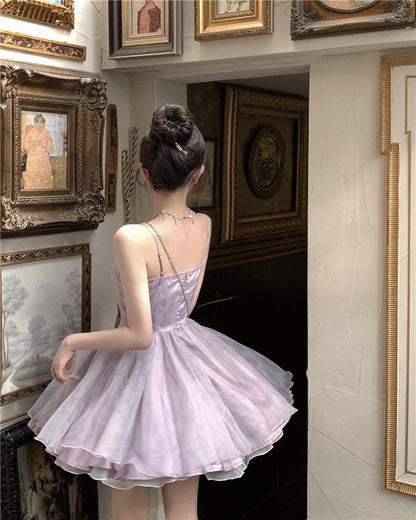 Dreamy Princess Pale Purple A-Line Mini Skirt Elegant Spaghetti Strap Tiered Tulle Tie-Dye Cinched-Waist Short Dress AP1677