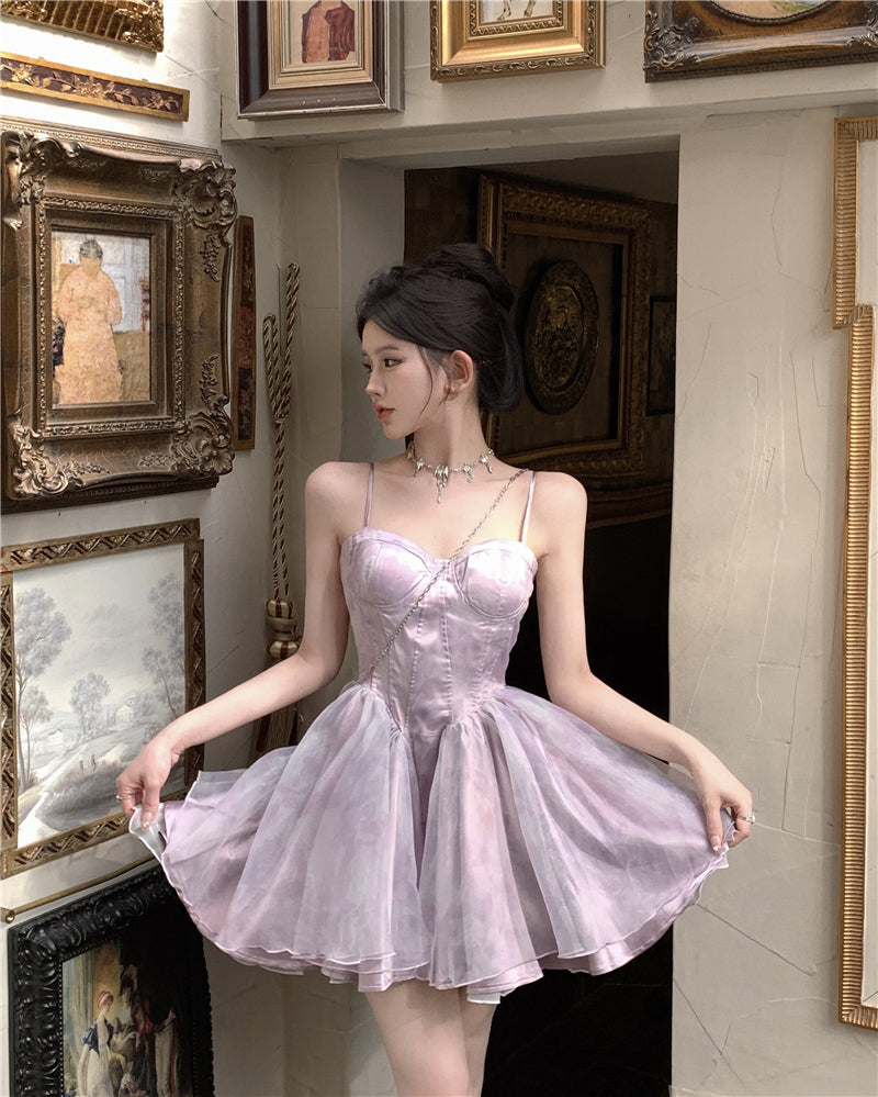 Dreamy Princess Pale Purple A-Line Mini Skirt Elegant Spaghetti Strap Tiered Tulle Tie-Dye Cinched-Waist Short Dress AP1677