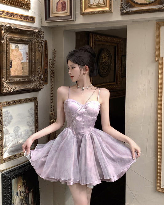 Dreamy Princess Pale Purple A-Line Mini Skirt Elegant Spaghetti Strap Tiered Tulle Tie-Dye Cinched-Waist Short Dress AP1677