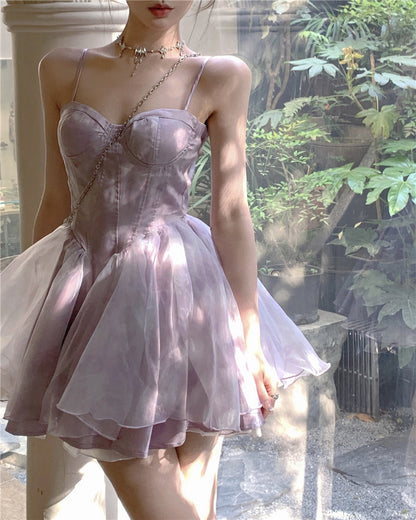 Dreamy Princess Pale Purple A-Line Mini Skirt Elegant Spaghetti Strap Tiered Tulle Tie-Dye Cinched-Waist Short Dress AP1677
