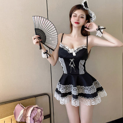 Alluring Black Lolita Style Lace Trimmed Bow Design Mini Skirt Hot Girls A-Line Tiered  Ruffles Hem Spaghetti Strap Short Dress AP1678