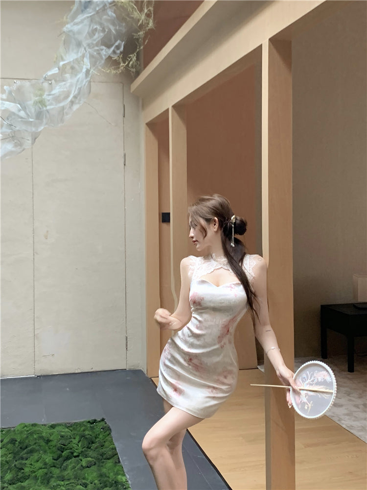 Classical Pink Blush Watercolor Floral Print Mini Skirt Oriental Lace Trimmed Round Collar Date Night Halter Short Dress AP1679