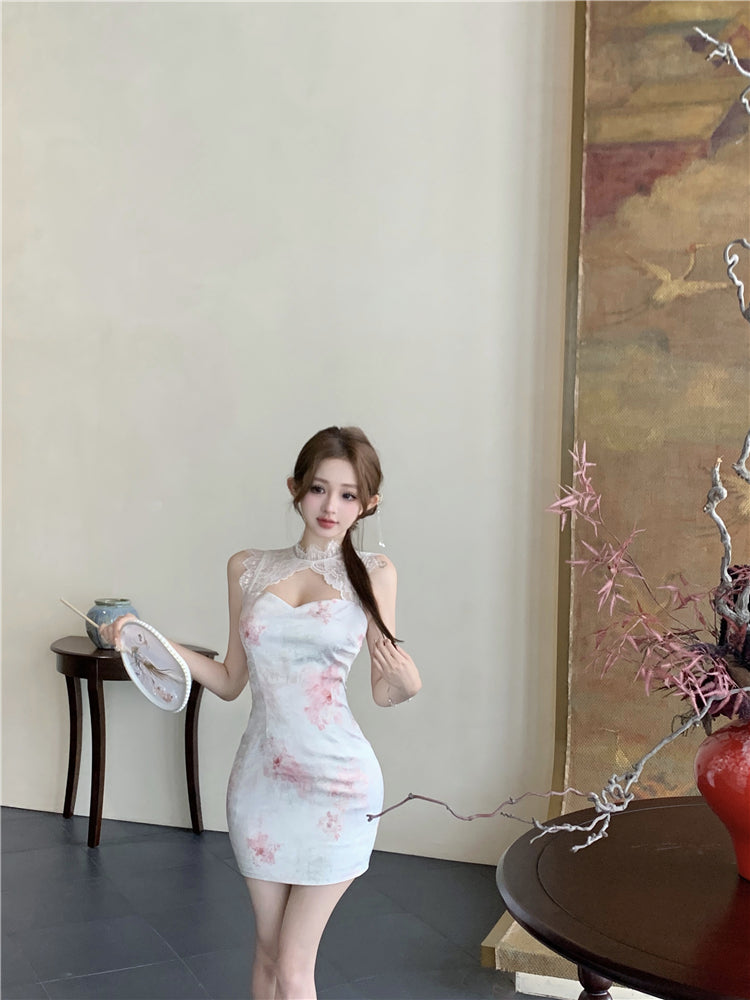 Classical Pink Blush Watercolor Floral Print Mini Skirt Oriental Lace Trimmed Round Collar Date Night Halter Short Dress AP1679