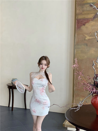 Classical Pink Blush Watercolor Floral Print Mini Skirt Oriental Lace Trimmed Round Collar Date Night Halter Short Dress AP1679