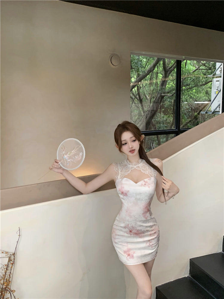 Classical Pink Blush Watercolor Floral Print Mini Skirt Oriental Lace Trimmed Round Collar Date Night Halter Short Dress AP1679