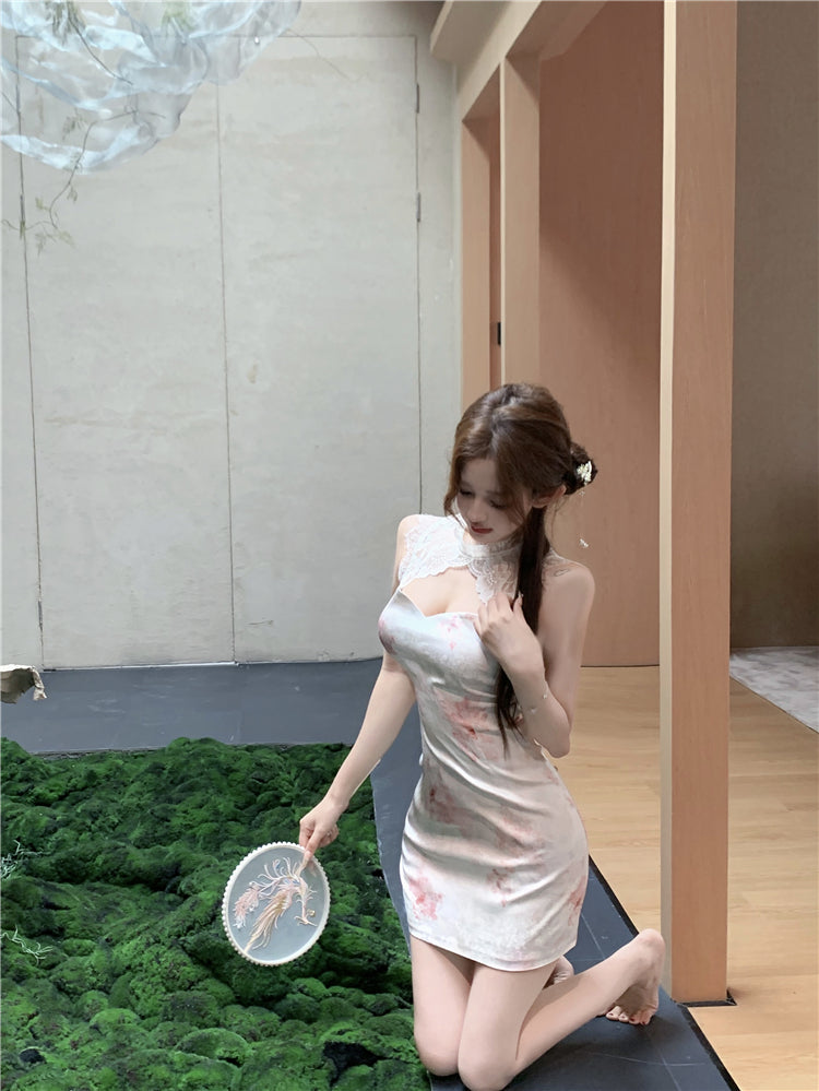 Classical Pink Blush Watercolor Floral Print Mini Skirt Oriental Lace Trimmed Round Collar Date Night Halter Short Dress AP1679