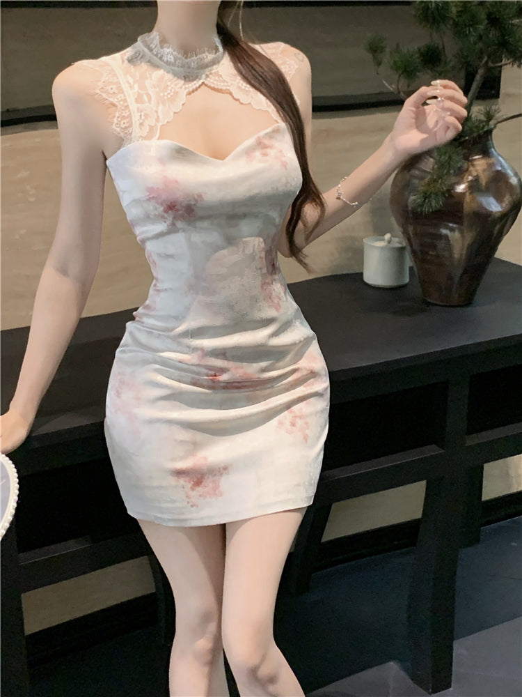 Classical Pink Blush Watercolor Floral Print Mini Skirt Oriental Lace Trimmed Round Collar Date Night Halter Short Dress AP1679