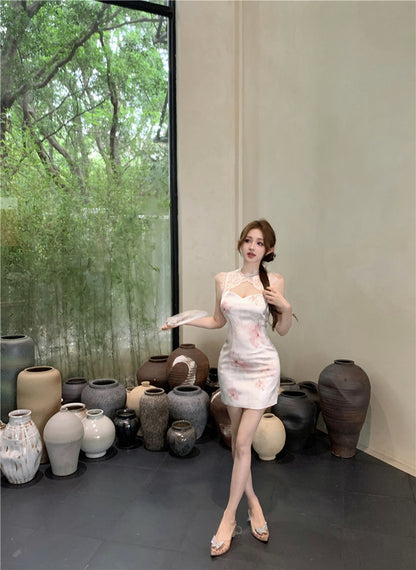 Classical Pink Blush Watercolor Floral Print Mini Skirt Oriental Lace Trimmed Round Collar Date Night Halter Short Dress AP1679