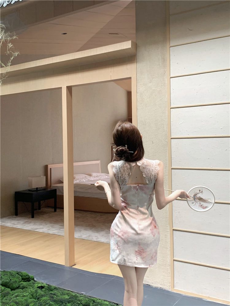 Classical Pink Blush Watercolor Floral Print Mini Skirt Oriental Lace Trimmed Round Collar Date Night Halter Short Dress AP1679