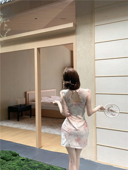 Classical Pink Blush Watercolor Floral Print Mini Skirt Oriental Lace Trimmed Round Collar Date Night Halter Short Dress AP1679