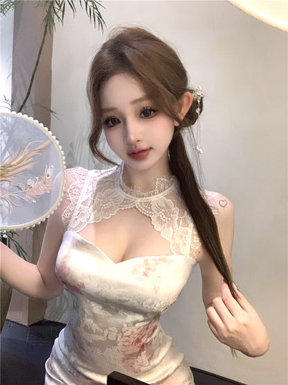 Classical Pink Blush Watercolor Floral Print Mini Skirt Oriental Lace Trimmed Round Collar Date Night Halter Short Dress AP1679