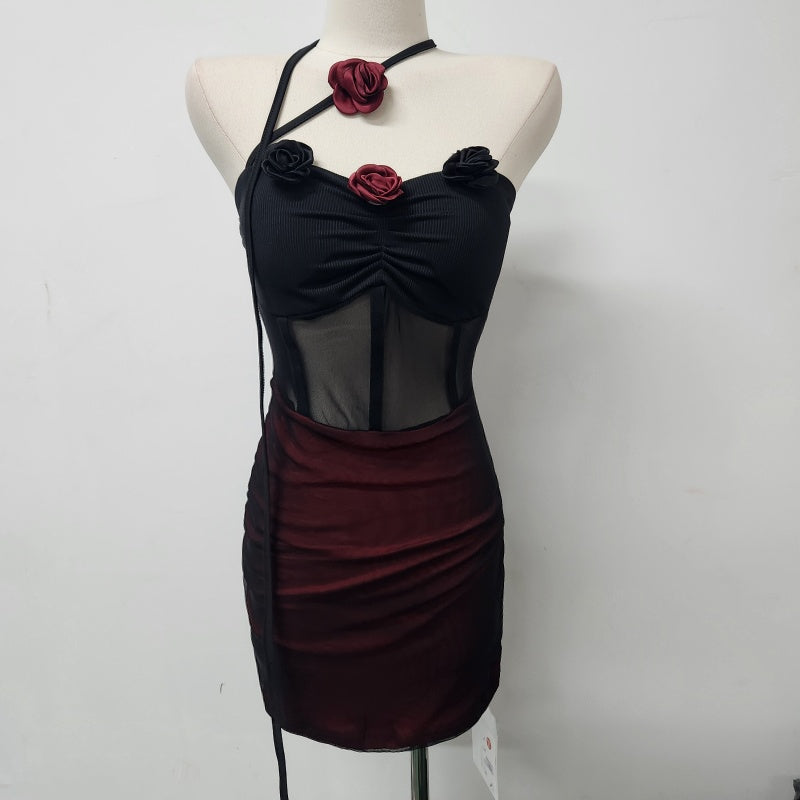 Novelty Black Tulle Overlay Burgundy  Mini Skirt Sexy 3D Rose Design Bodycon Backless Halter Short Dress AP1680