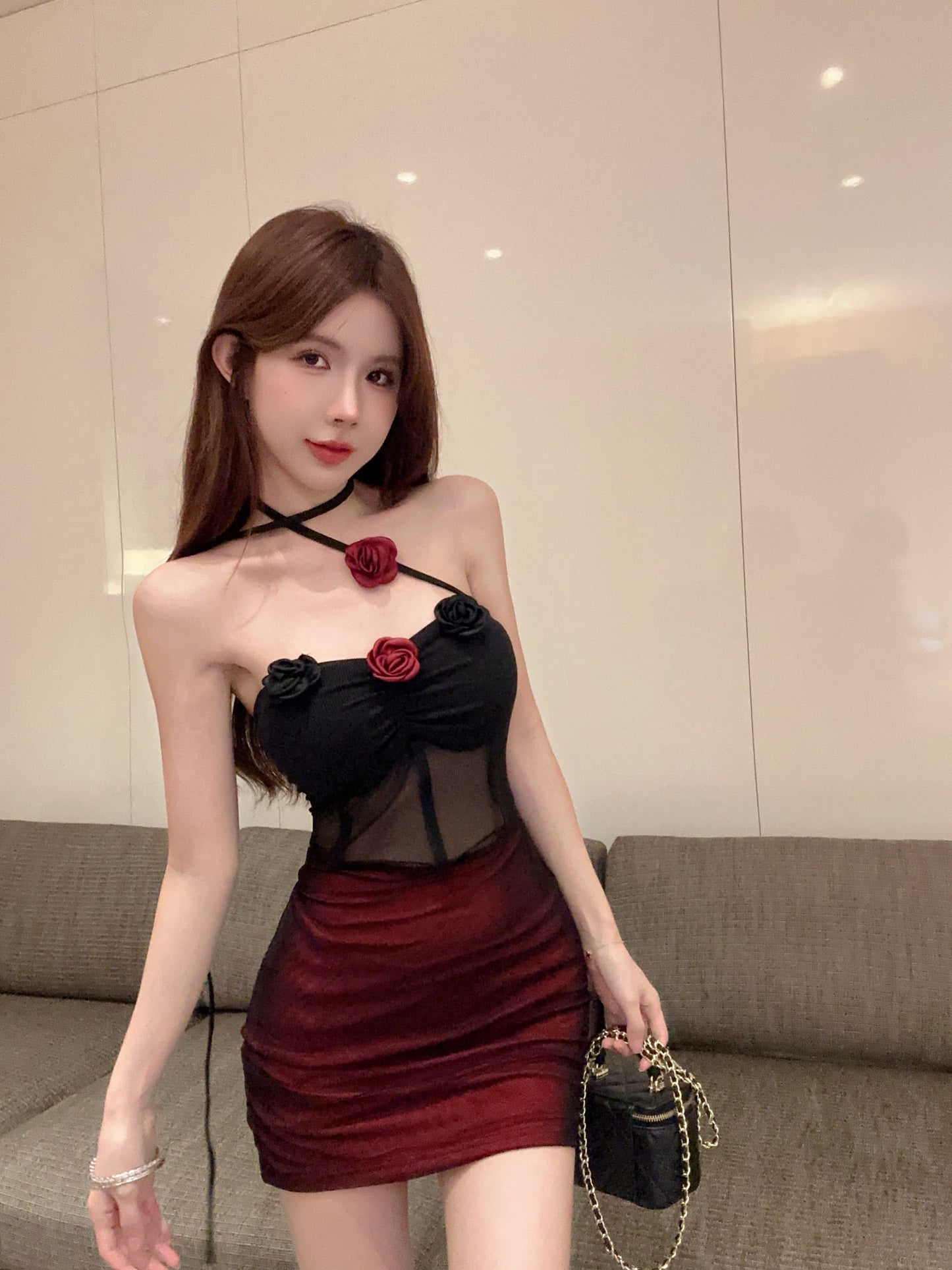 Novelty Black Tulle Overlay Burgundy  Mini Skirt Sexy 3D Rose Design Bodycon Backless Halter Short Dress AP1680