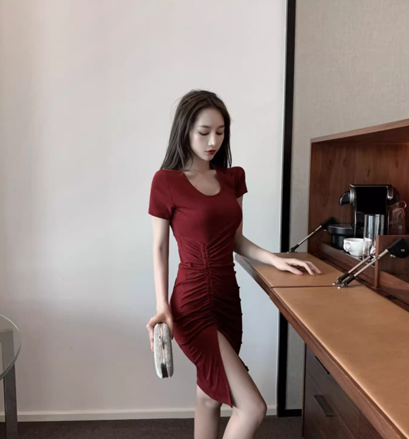 French Style Burgundy Square Neckline Mini Skirt Vintage Slit Gathered Party Outfit Short Sleeve Short Dress AP1681