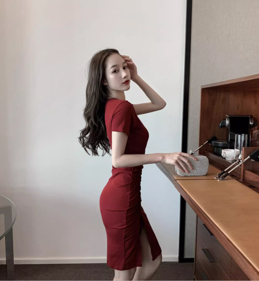 French Style Burgundy Square Neckline Mini Skirt Vintage Slit Gathered Party Outfit Short Sleeve Short Dress AP1681