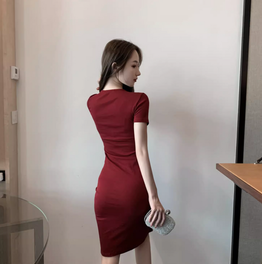 French Style Burgundy Square Neckline Mini Skirt Vintage Slit Gathered Party Outfit Short Sleeve Short Dress AP1681