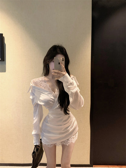 New Fashion White Satin Off-Shoulder Mini Skirt Novelty Natural Ruched Lace-Paneled Date Night Short Dress AP1682