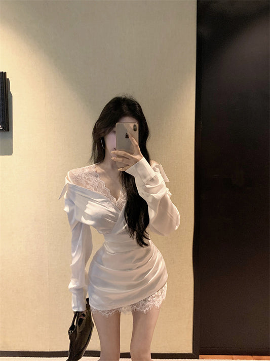 New Fashion White Satin Off-Shoulder Mini Skirt Novelty Natural Ruched Lace-Paneled Date Night Short Dress AP1682