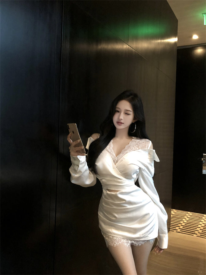 New Fashion White Satin Off-Shoulder Mini Skirt Novelty Natural Ruched Lace-Paneled Date Night Short Dress AP1682