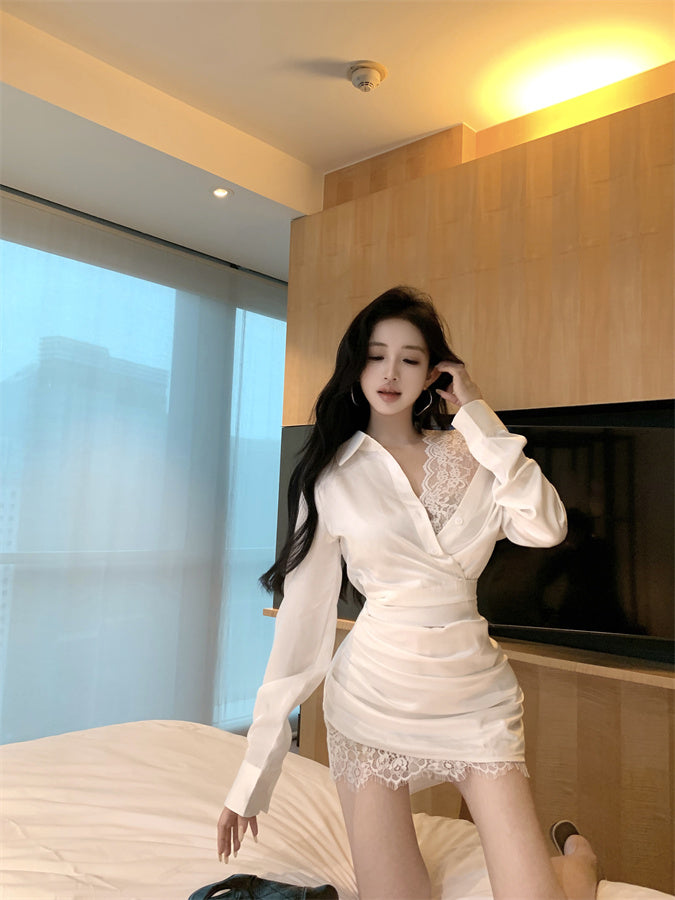 New Fashion White Satin Off-Shoulder Mini Skirt Novelty Natural Ruched Lace-Paneled Date Night Short Dress AP1682