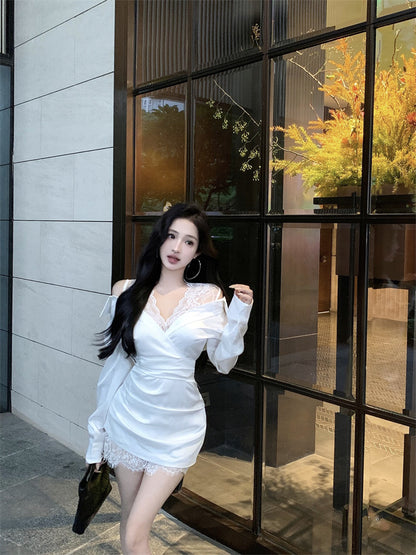 New Fashion White Satin Off-Shoulder Mini Skirt Novelty Natural Ruched Lace-Paneled Date Night Short Dress AP1682