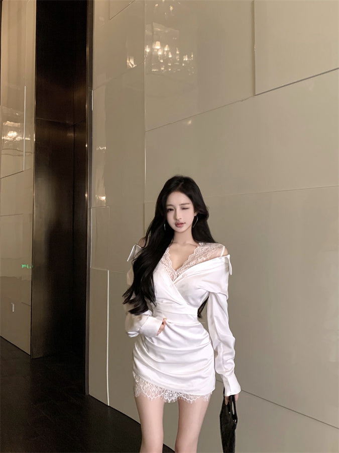 New Fashion White Satin Off-Shoulder Mini Skirt Novelty Natural Ruched Lace-Paneled Date Night Short Dress AP1682