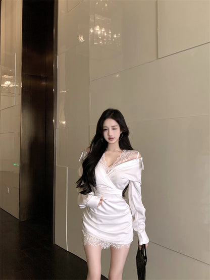 New Fashion White Satin Off-Shoulder Mini Skirt Novelty Natural Ruched Lace-Paneled Date Night Short Dress AP1682