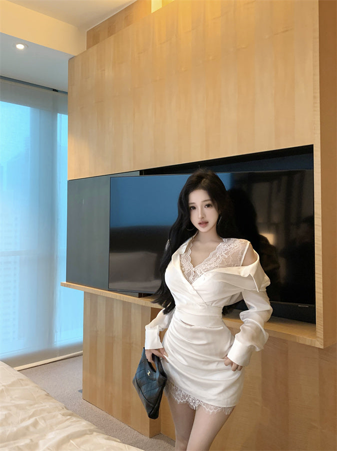 New Fashion White Satin Off-Shoulder Mini Skirt Novelty Natural Ruched Lace-Paneled Date Night Short Dress AP1682