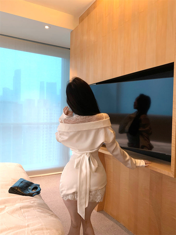 New Fashion White Satin Off-Shoulder Mini Skirt Novelty Natural Ruched Lace-Paneled Date Night Short Dress AP1682