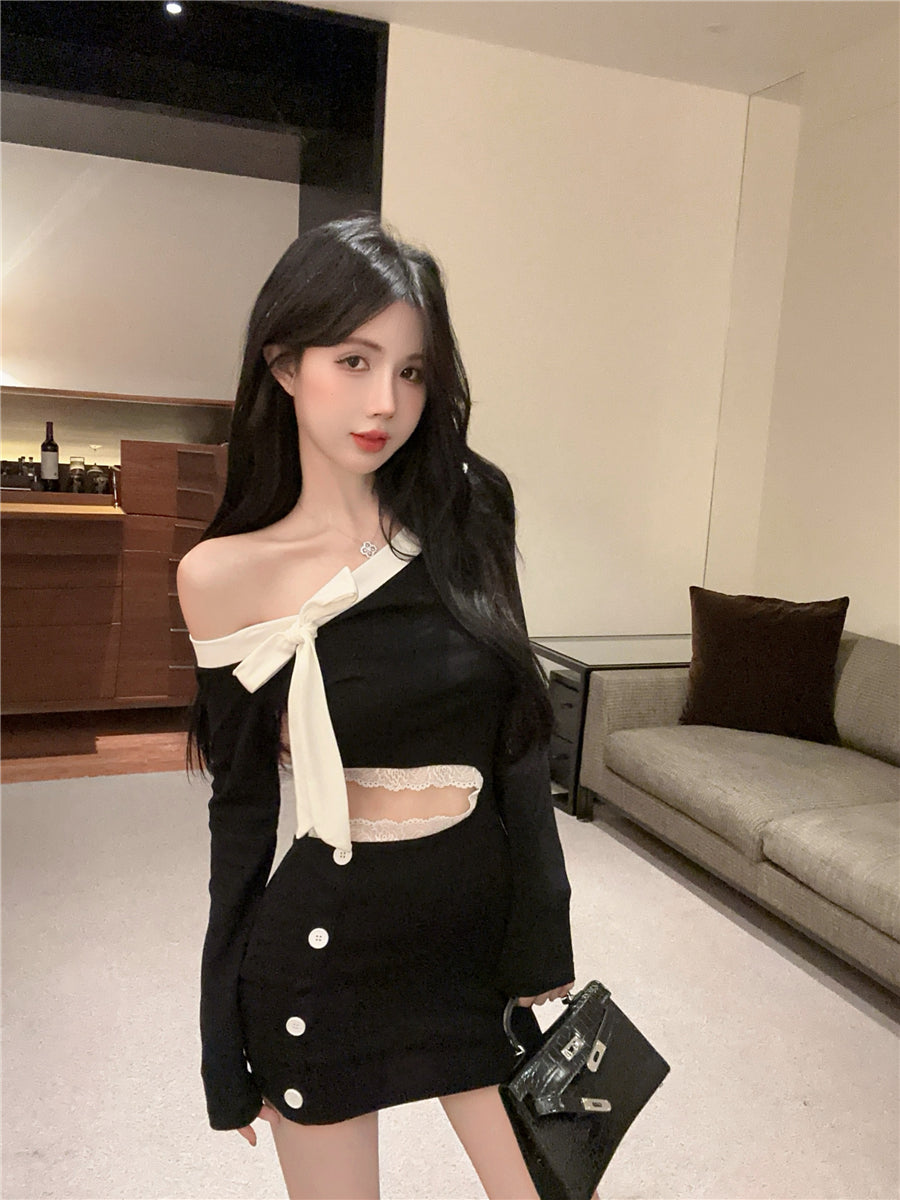 Elegant Bow Accent Lace Trimmed Cutout Button Design Mini Skirt Chic Date Night Bodycon Off-Shoulder Short Dress AP1683