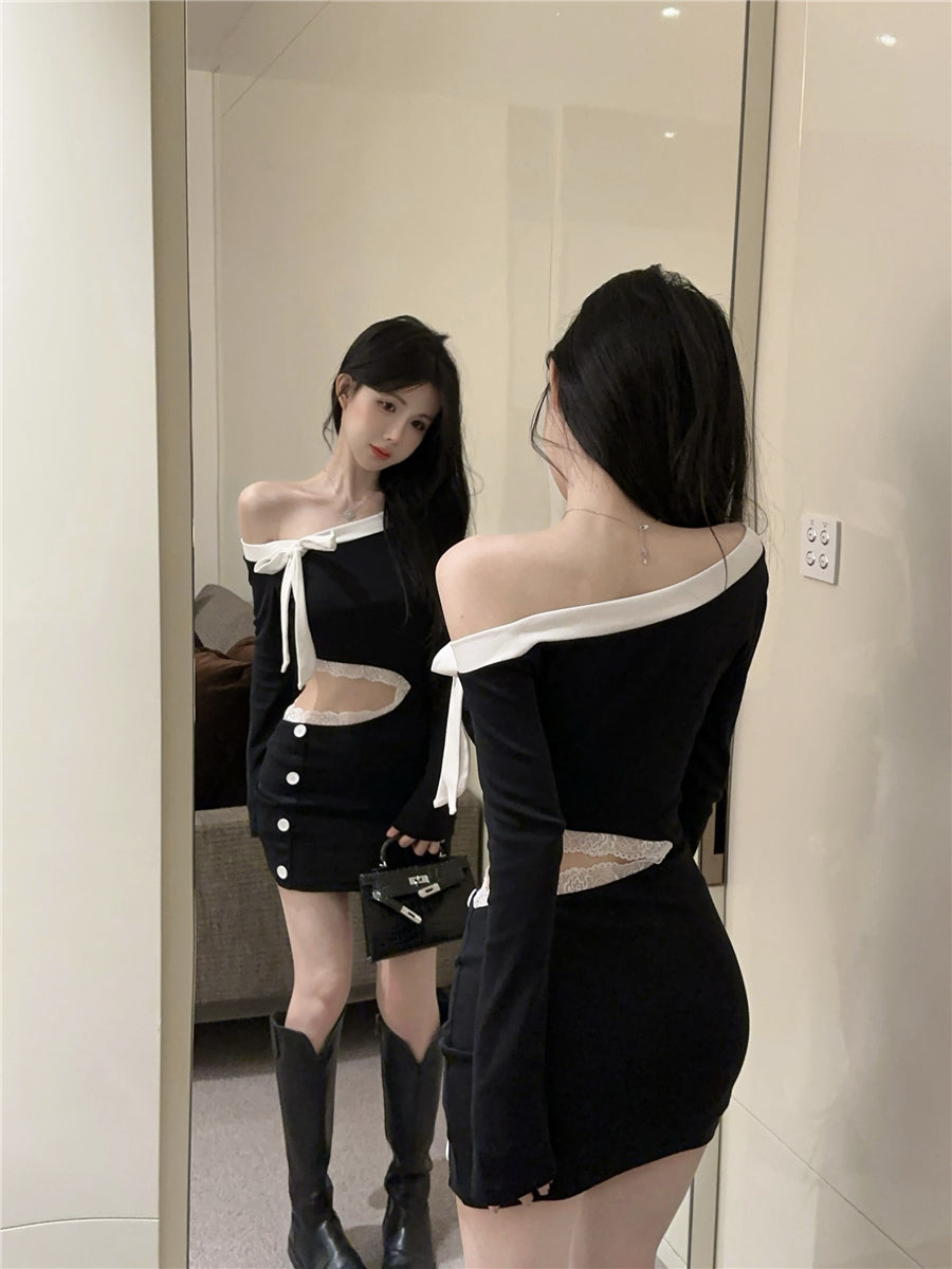 Elegant Bow Accent Lace Trimmed Cutout Button Design Mini Skirt Chic Date Night Bodycon Off-Shoulder Short Dress AP1683